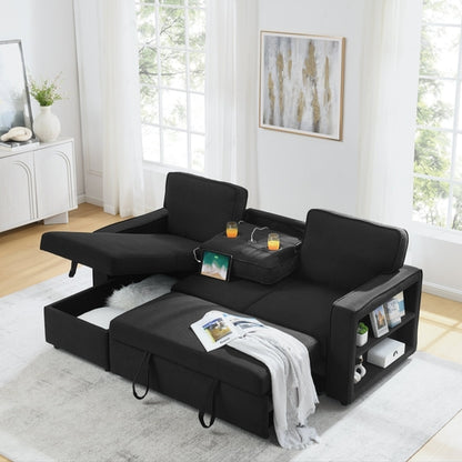 Linen Upholstered Sleeper Sectional Sofa, Shaped Modular Convertible