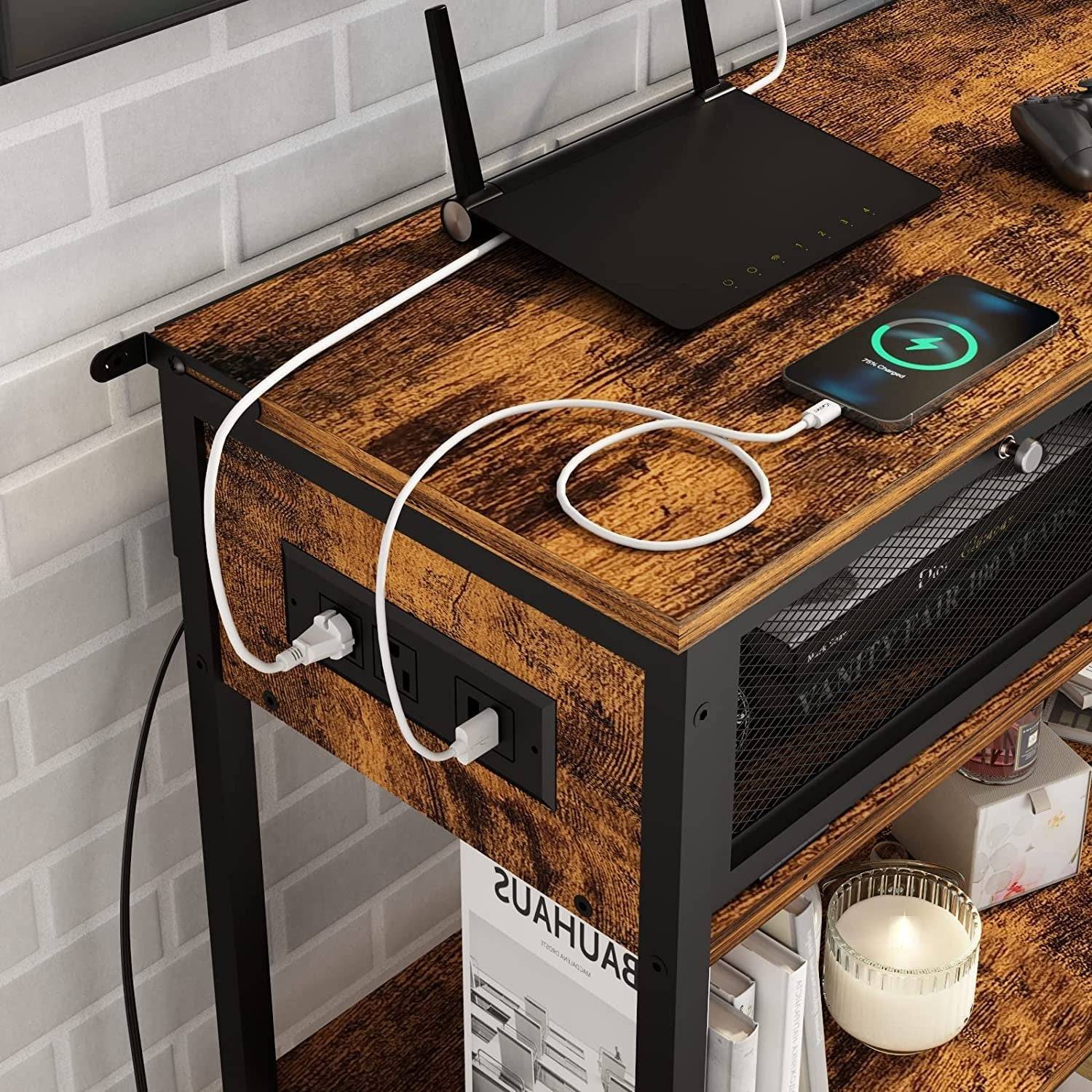 Charging Console Table with Storage Shelves