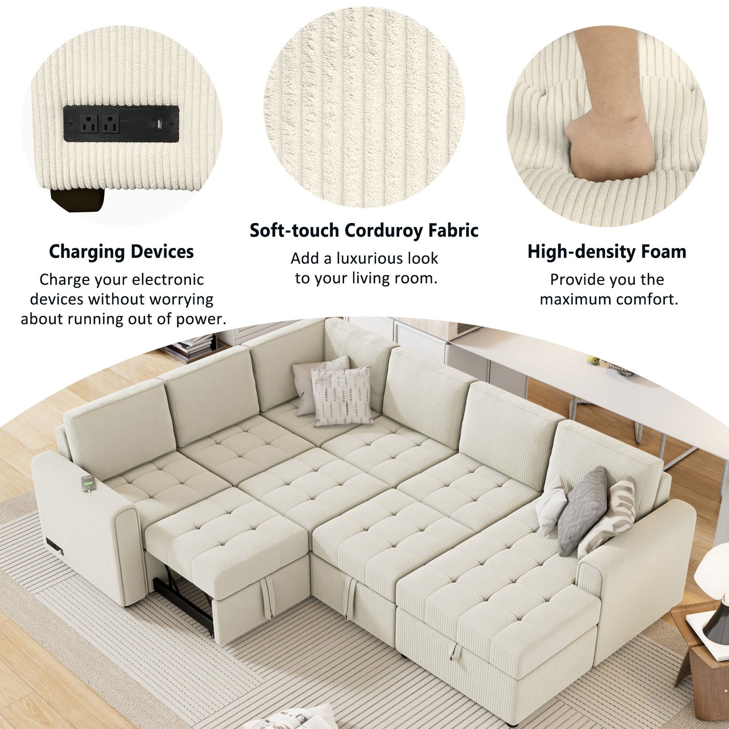 107.5" U-shaped Sofa Sectional Sofa Pull-out Sofa bed with a Storage