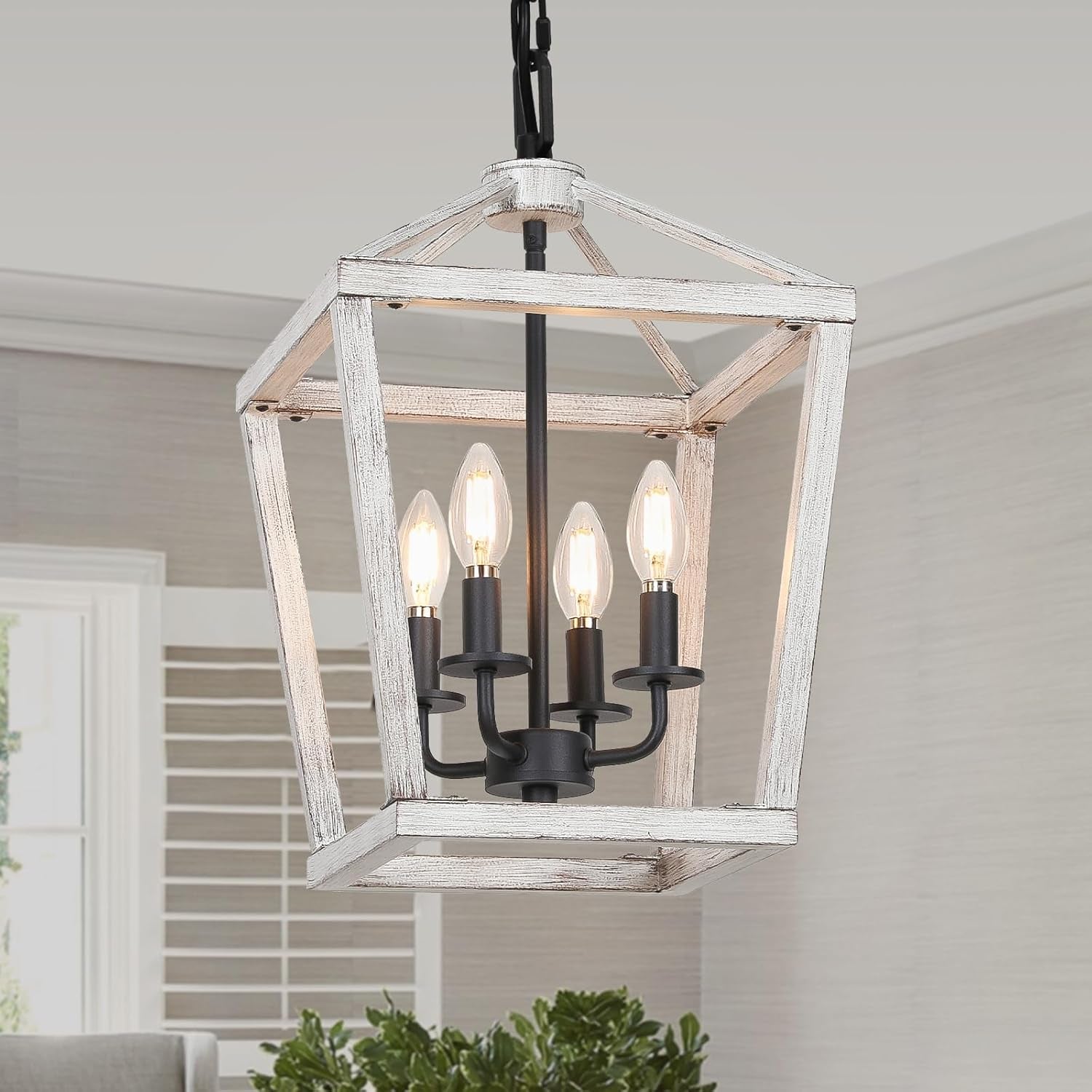 4 Light Rustic Chandelier, Farmhouse Lantern Fixture with Brushed