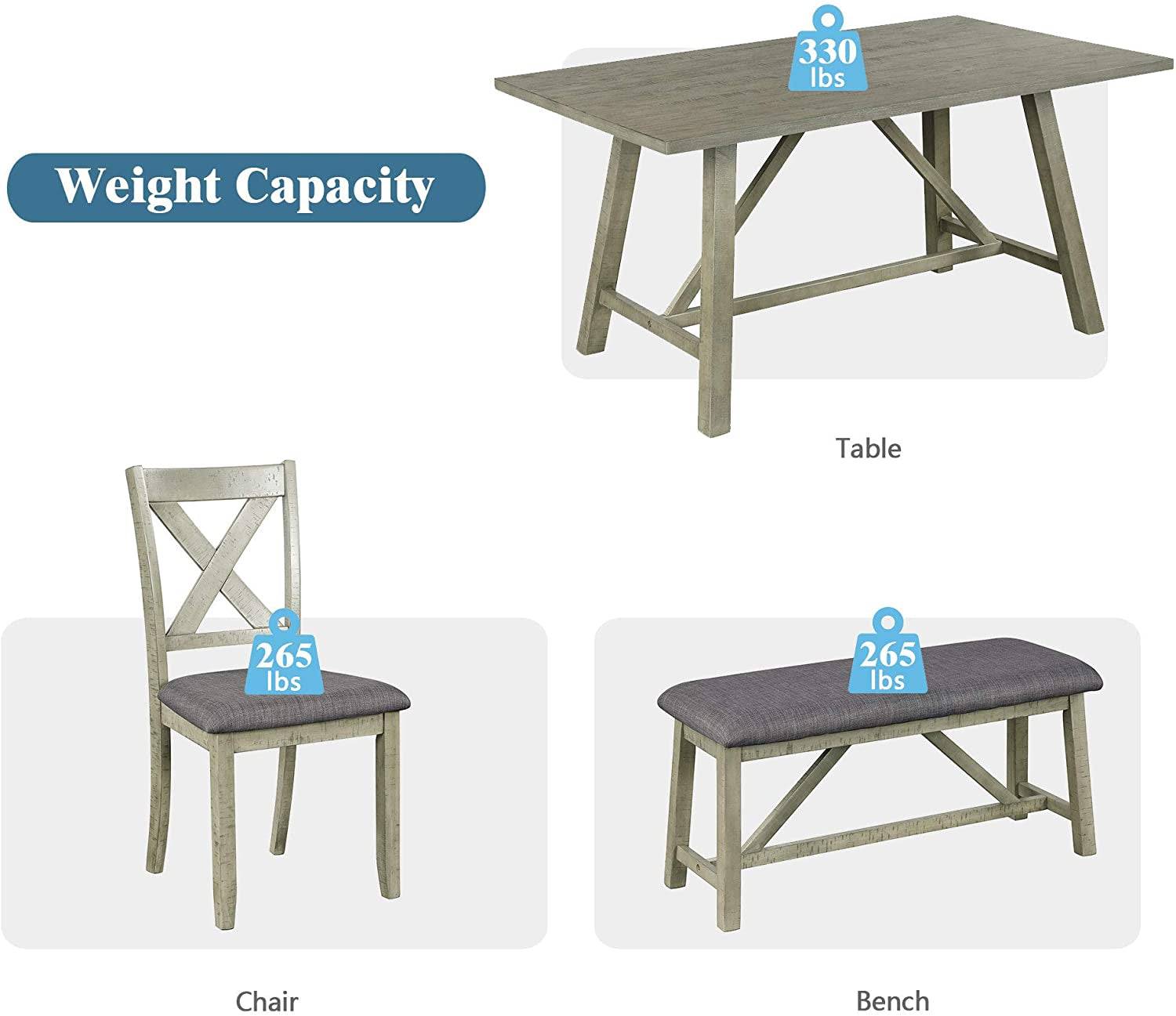 Rustic Gray Wooden 6-Piece Dining Table Set with Cushioned Chairs and