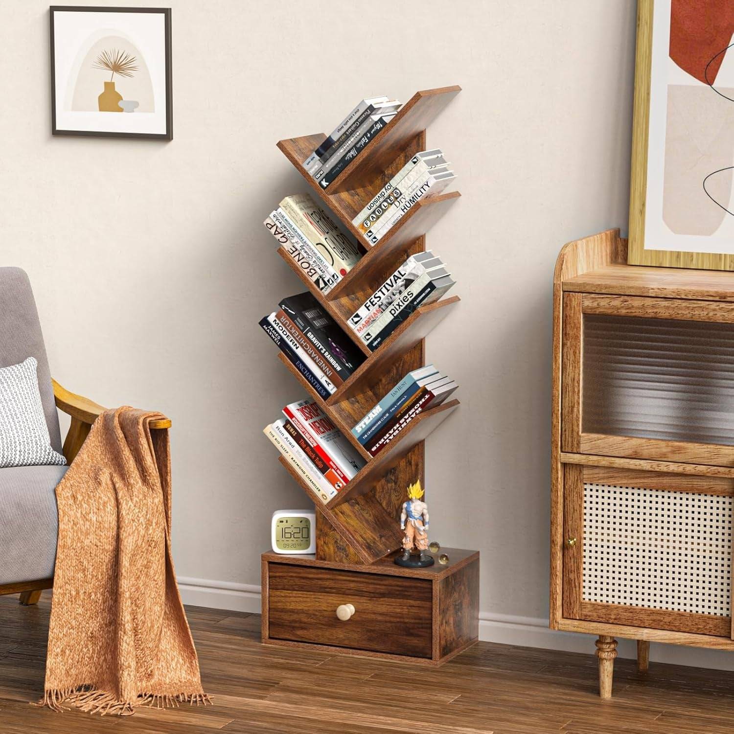 8 Tier Tree Bookshelf with Drawer, Free Standing Wood Bookcase for