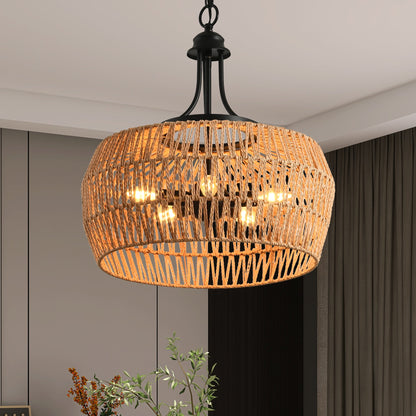 Boho Hemp Rope Pendant Light, Hand-Woven Jute Hanging Lamp with