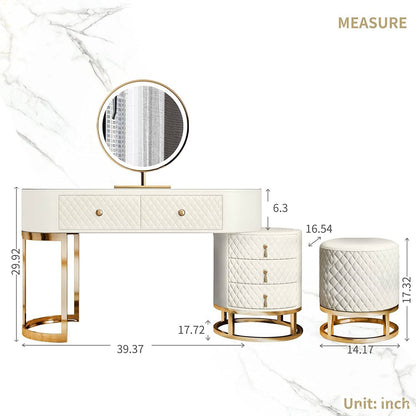 Pink Vanity Desk Set LED Mirror Storage Stool