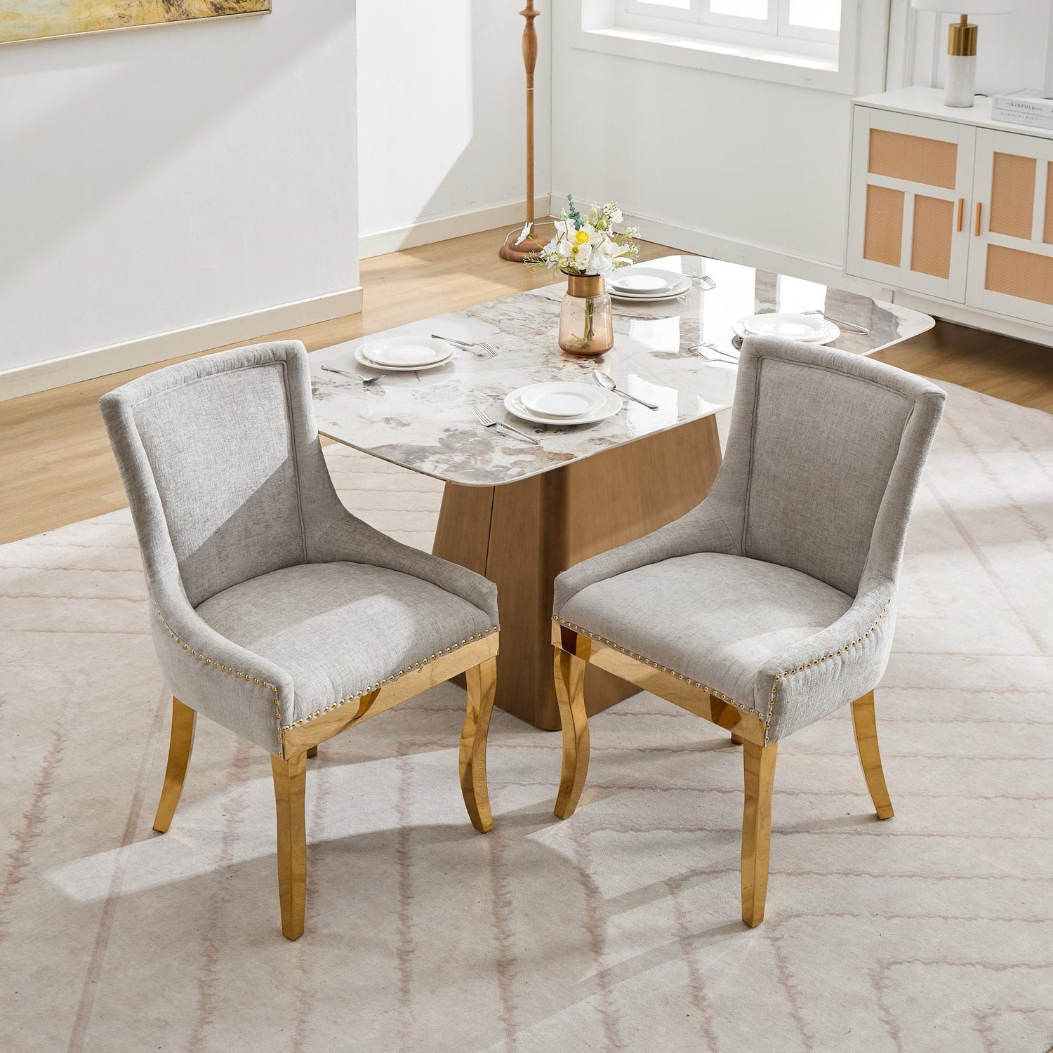Chenille Dining Chairs, Modern Style with Curved Gold - Plated Legs &amp;