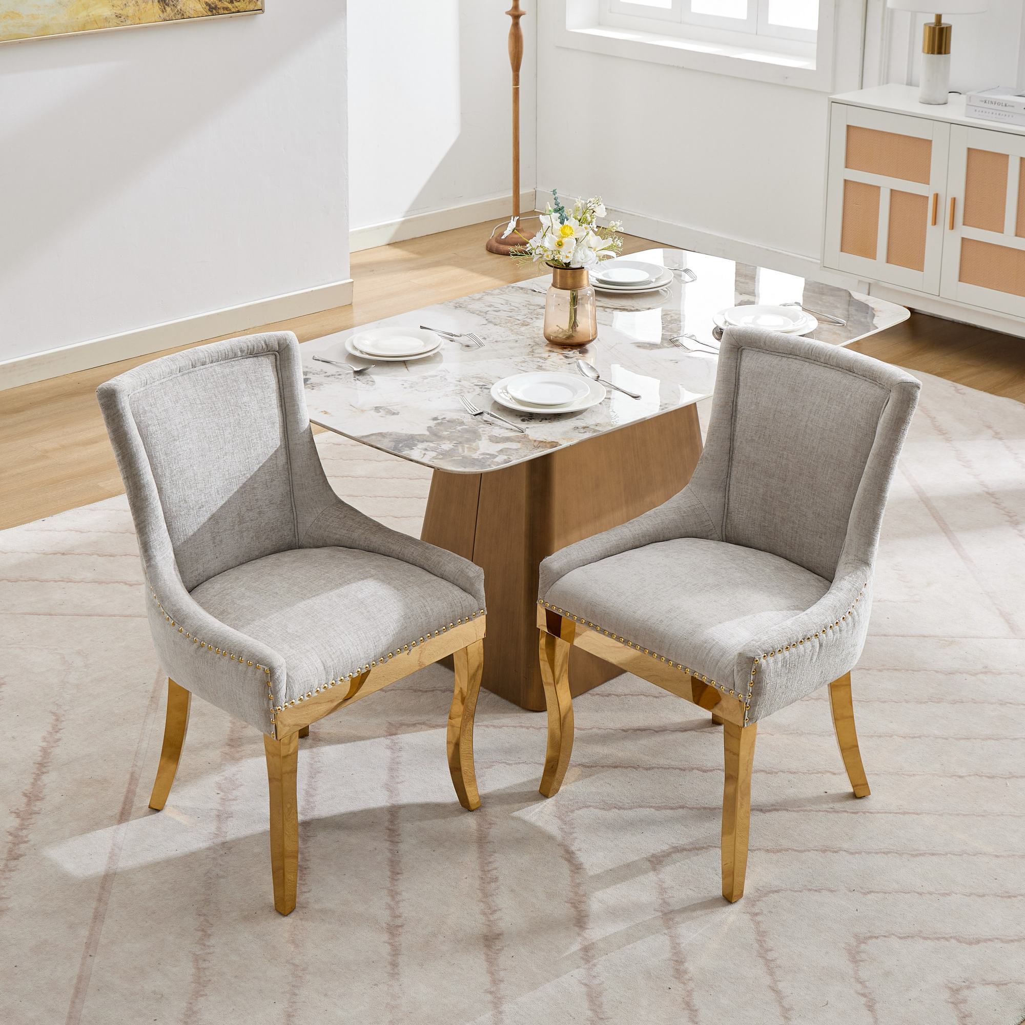 Chenille Dining Chairs, Modern Style with Curved Gold - Plated Legs &amp;