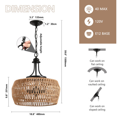 Boho Hemp Rope Pendant Light, Hand-Woven Jute Hanging Lamp with