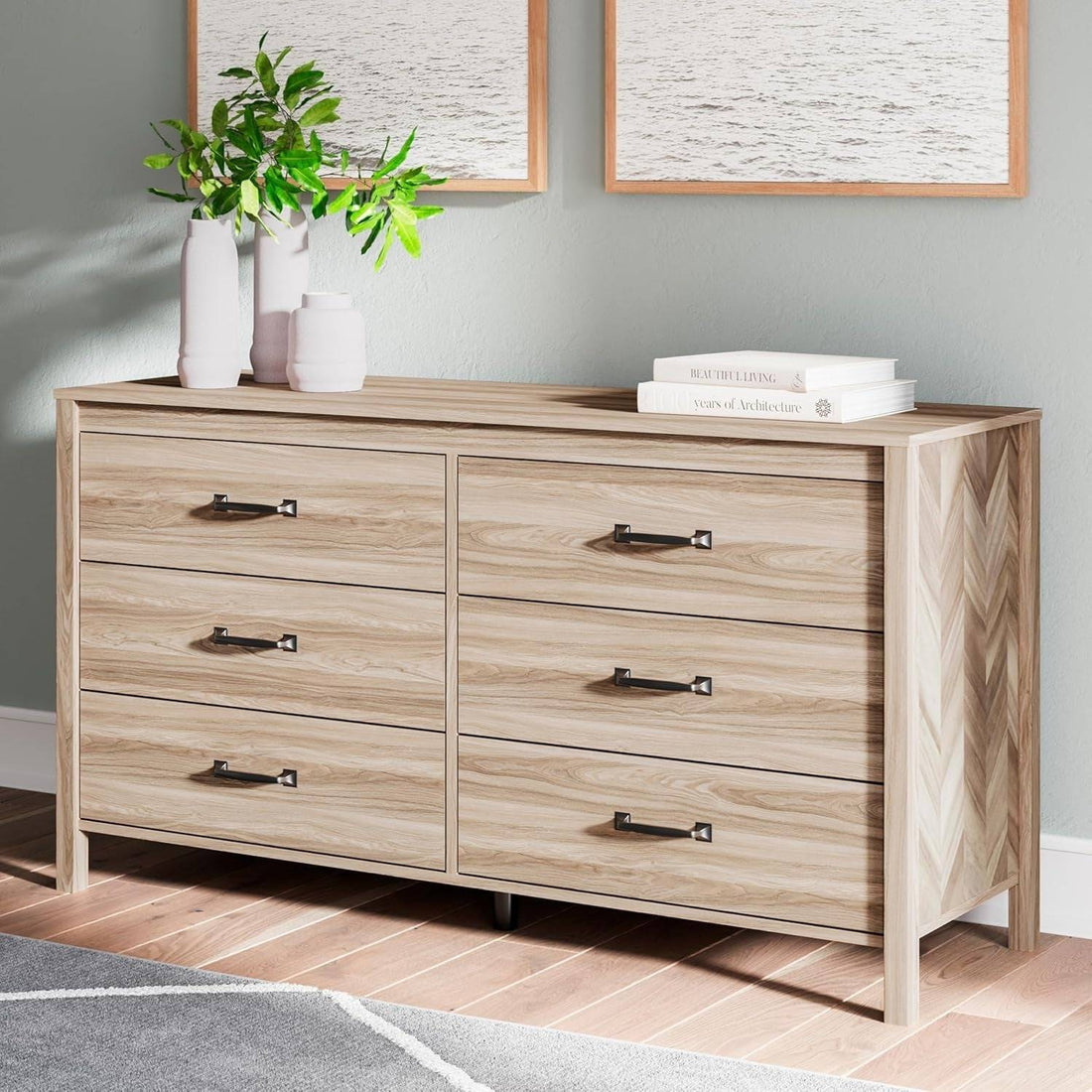 Battelle Mid-Century Modern 6 Drawer Dresser with Chevron Pattern and
