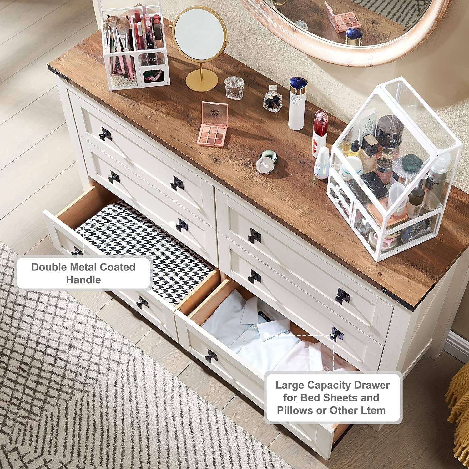 Rustic White Dresser with 6 Drawers for Bedroom Storage