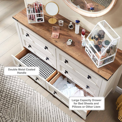 Rustic White Dresser with 6 Drawers for Bedroom Storage