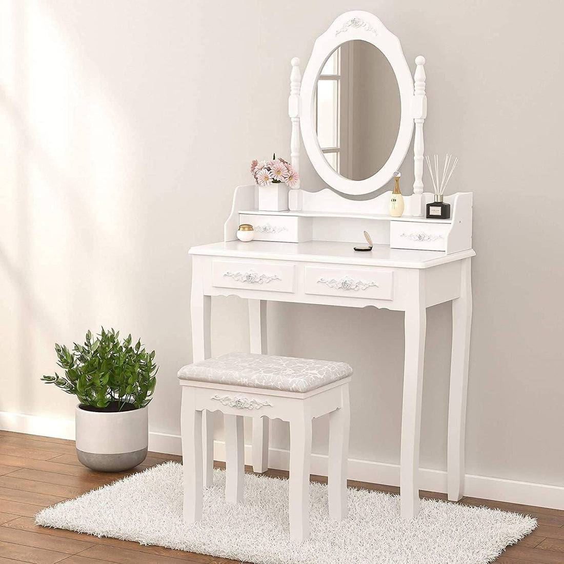 Wood Makeup Vanity Set with Mirror &amp; Stool