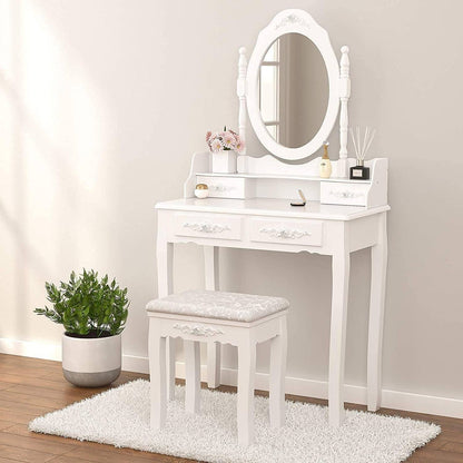 Wood Makeup Vanity Set with Mirror &amp; Stool
