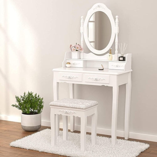 Wood Makeup Vanity Set with Mirror &amp; Stool