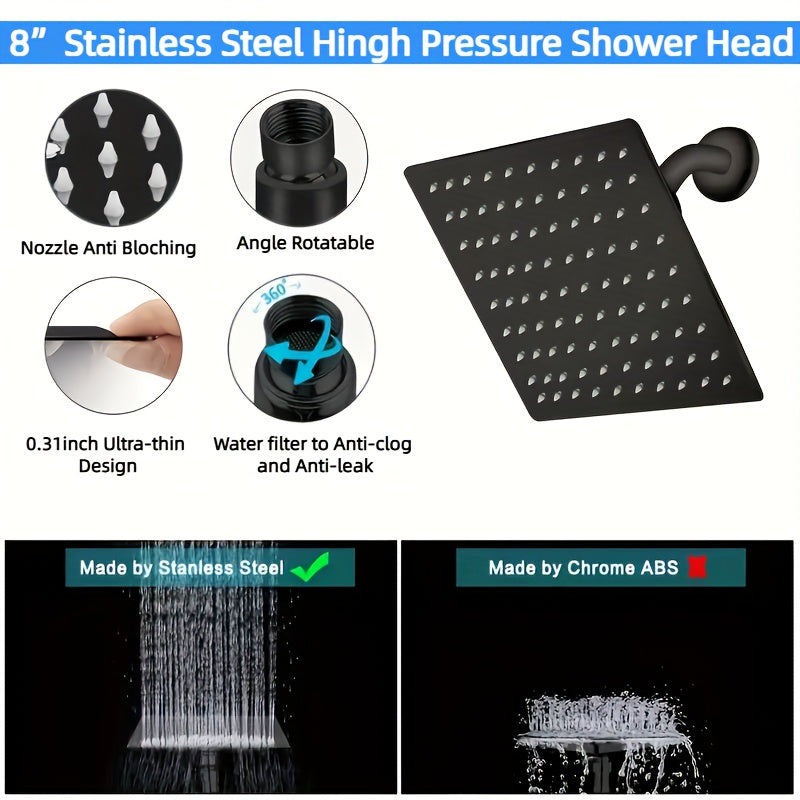 [8 Inch High Pressure Shower] 1set Shower Head Combo, 8 Inch High Pressure Rain Shower Head, With 11 Inch Adjustable Extension Arm And 5 Settings Handheld Shower Head Combo, Rain Shower Head With Handheld Sprayer, Bathroom Ac