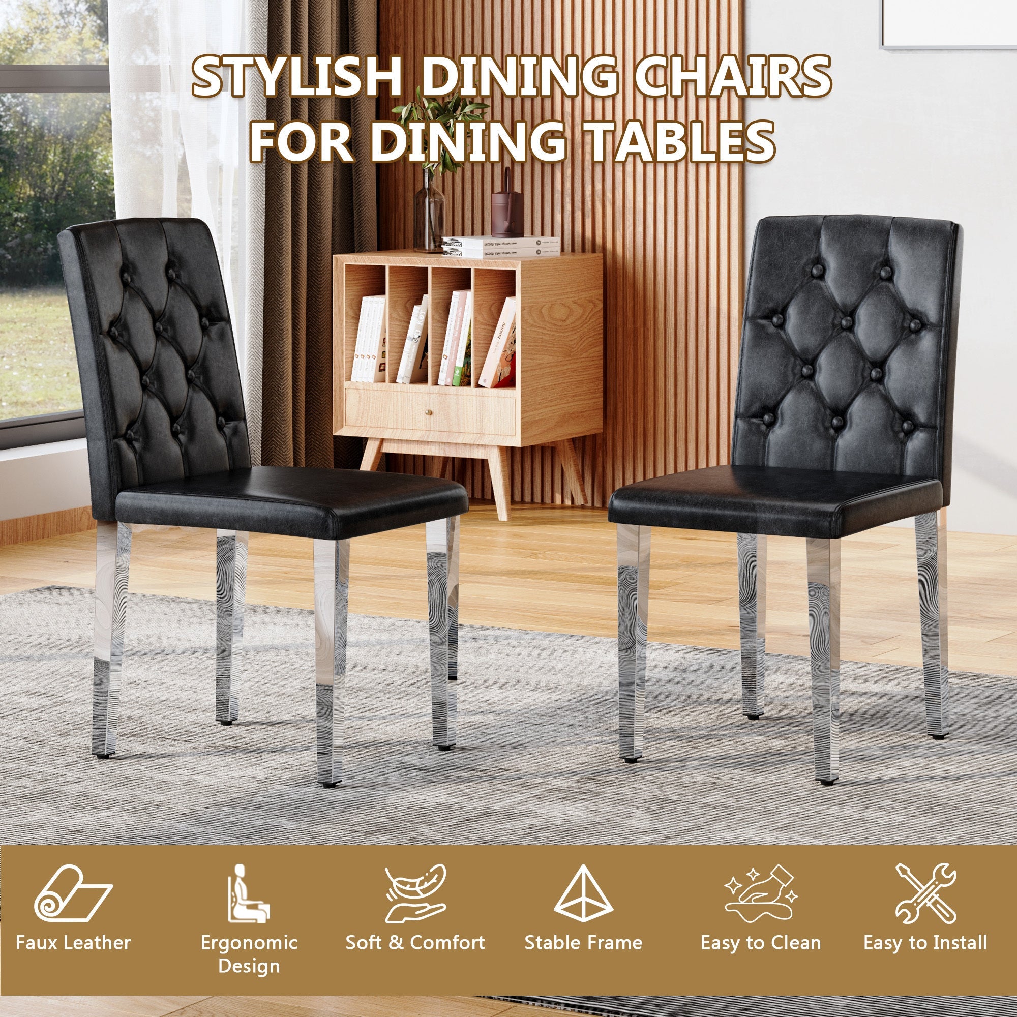 4-pack black PU dining chairs: ergonomic buckle backrest, 35 inches