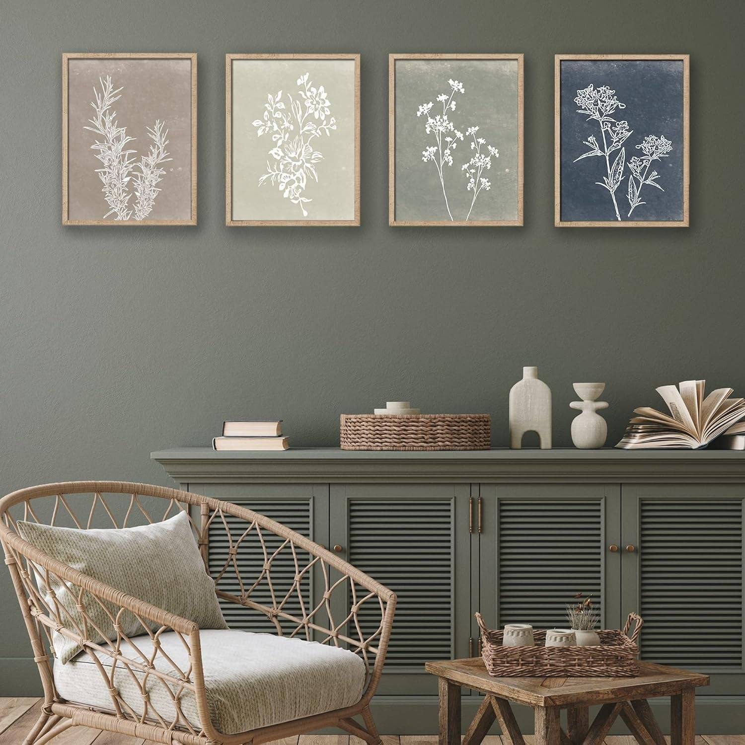 Boho Botanical Framed Art: Rustic Wood Minimalist Set