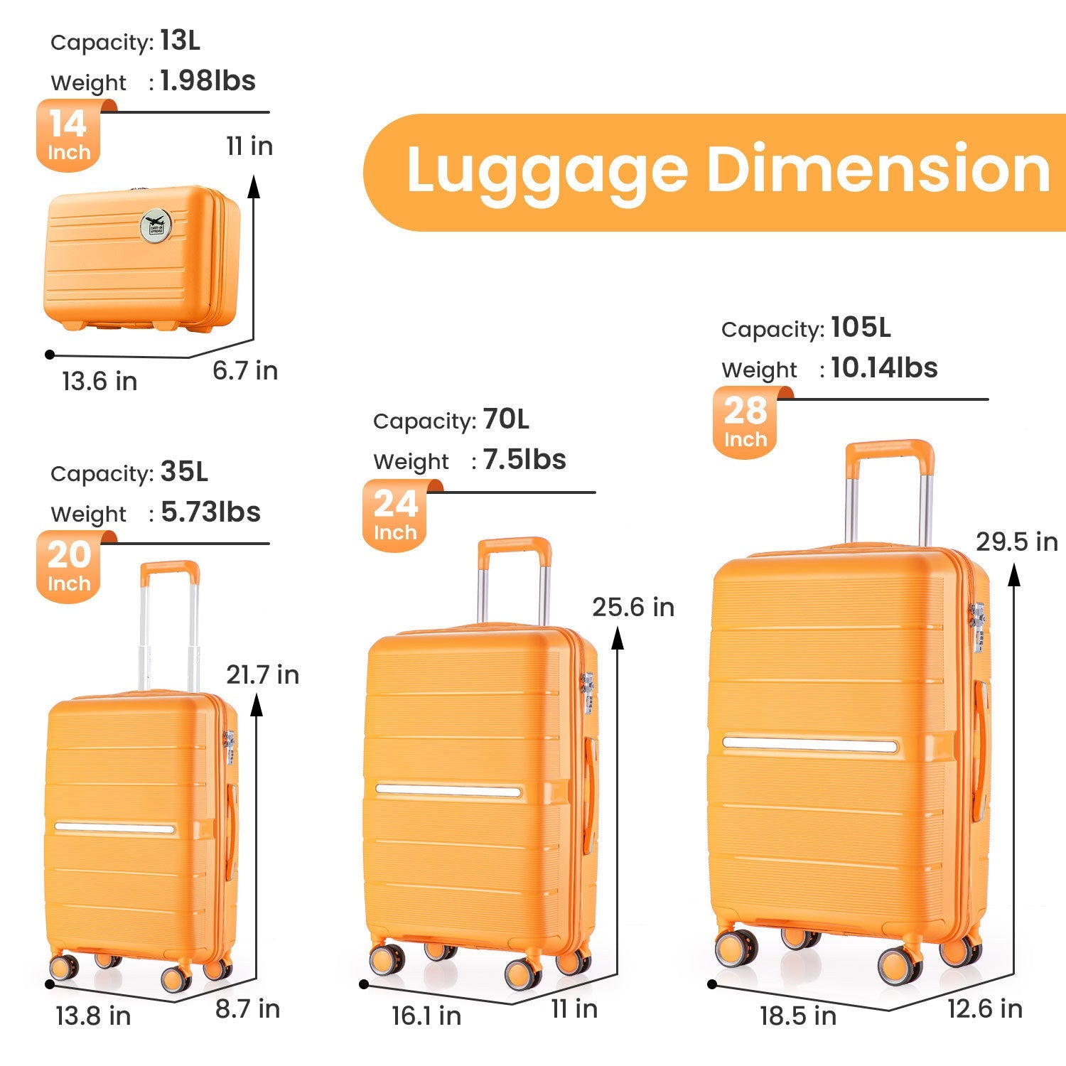 Luggage Sets 4 Piece(14/20/24/28) PP Lightweight &amp; Durable Expandable