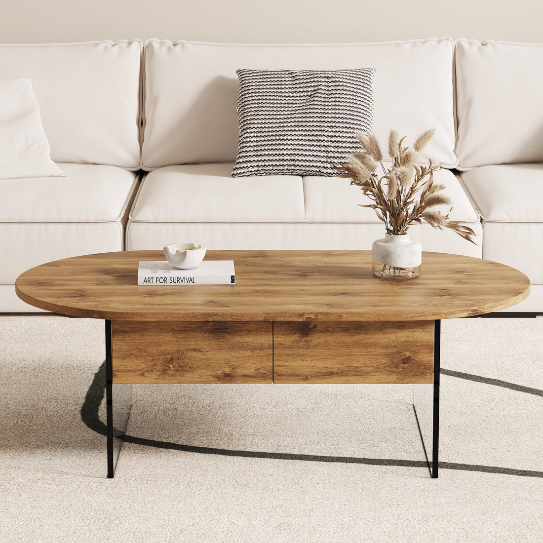 Cozy Natural Oval Double Drawer Coffee Table - 43.3&