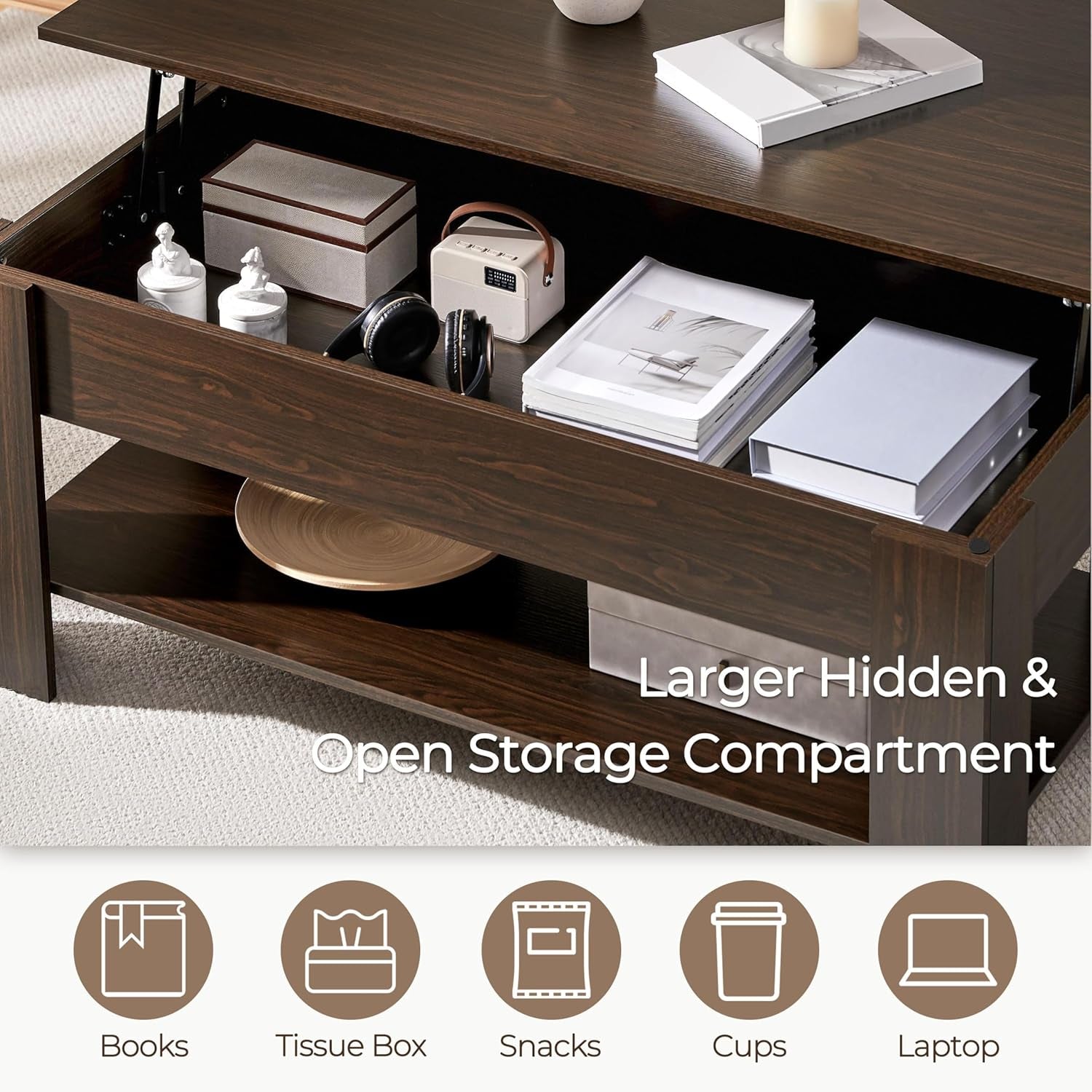 Lift Top Coffee Table with Hidden Compartment and Storage Shelf,