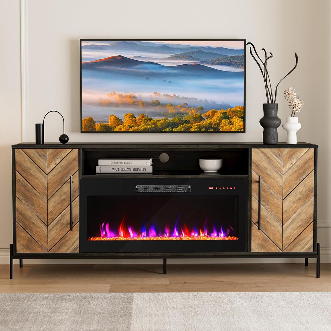 68&quot; TV Stand with 36&quot; Electric Fireplace Heater, Entertainment Center