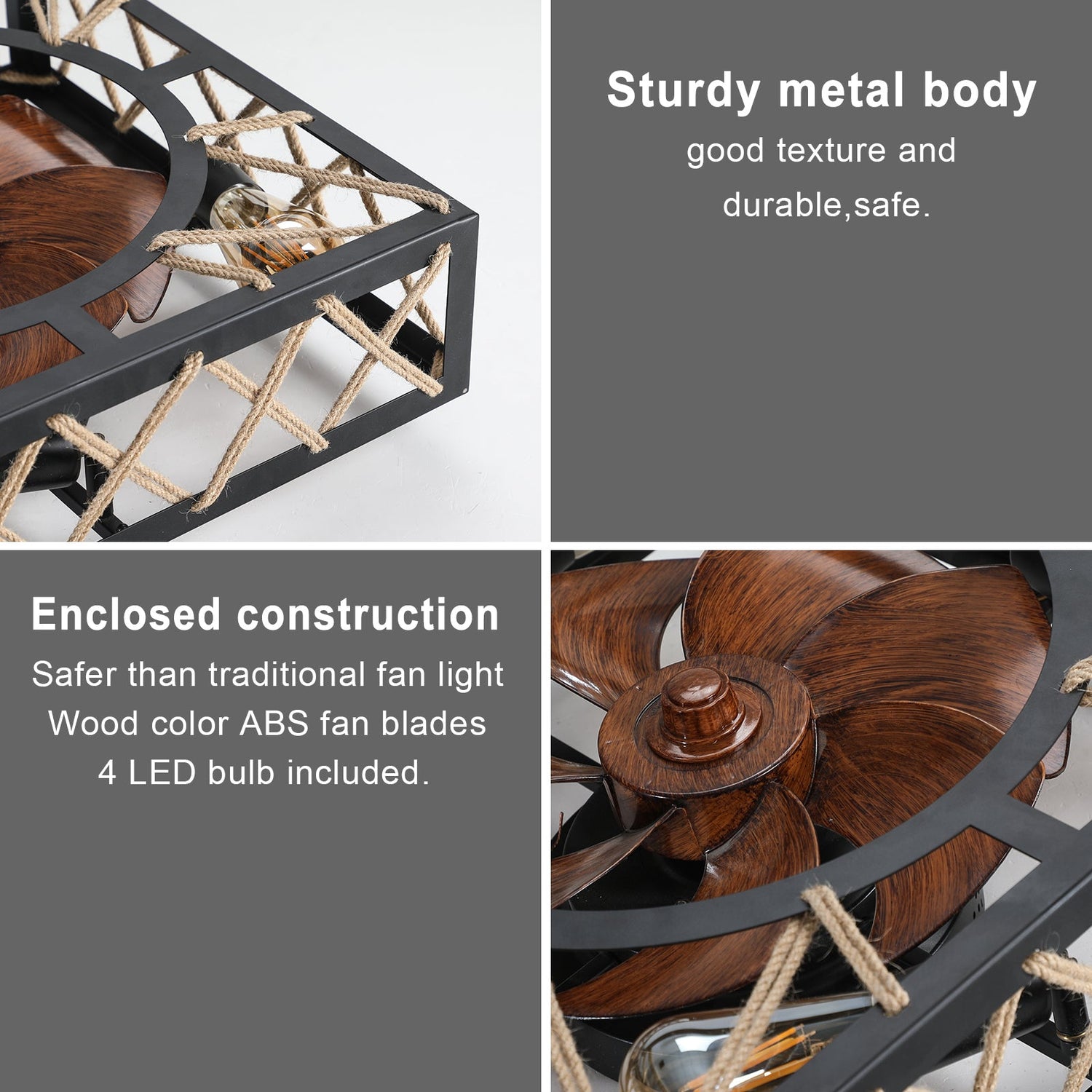 Farmhouse Rustic Ceiling Fan and Remote Control,Square Caged