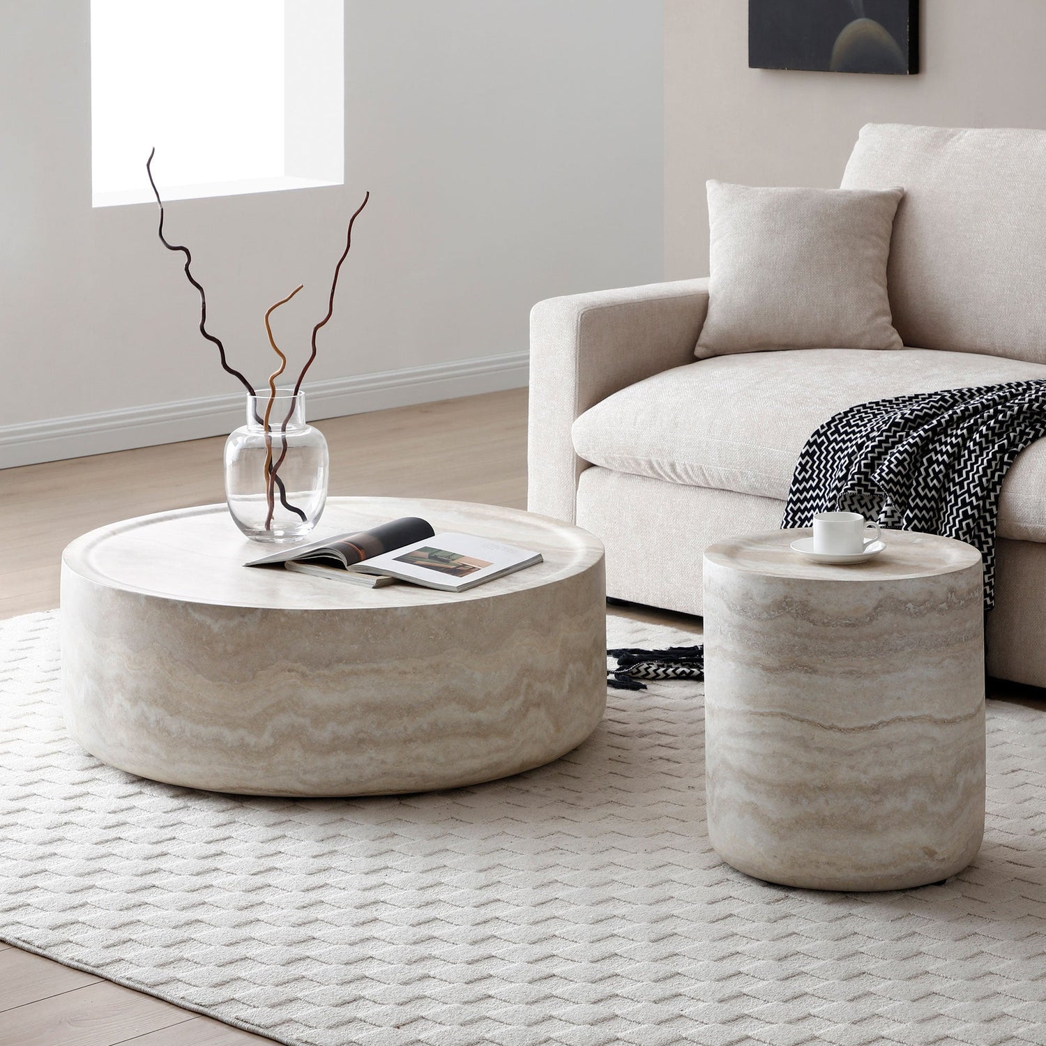 Set of 2 Faux MARS Pattern Coffee Tables side Table Round Tea Faux