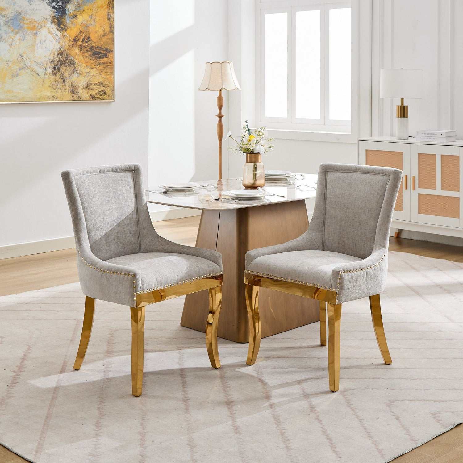 Chenille Dining Chairs, Modern Style with Curved Gold - Plated Legs &amp;