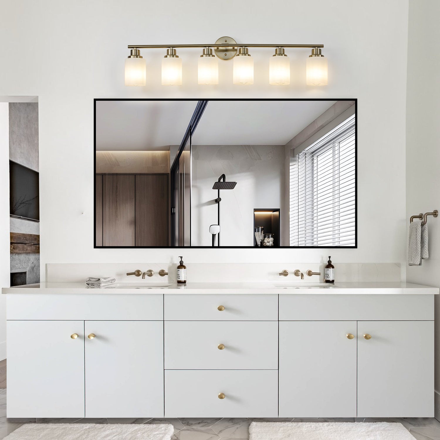 6-Light Golden Bathroom Vanity Light Fixture, Frosted Glass Shades,