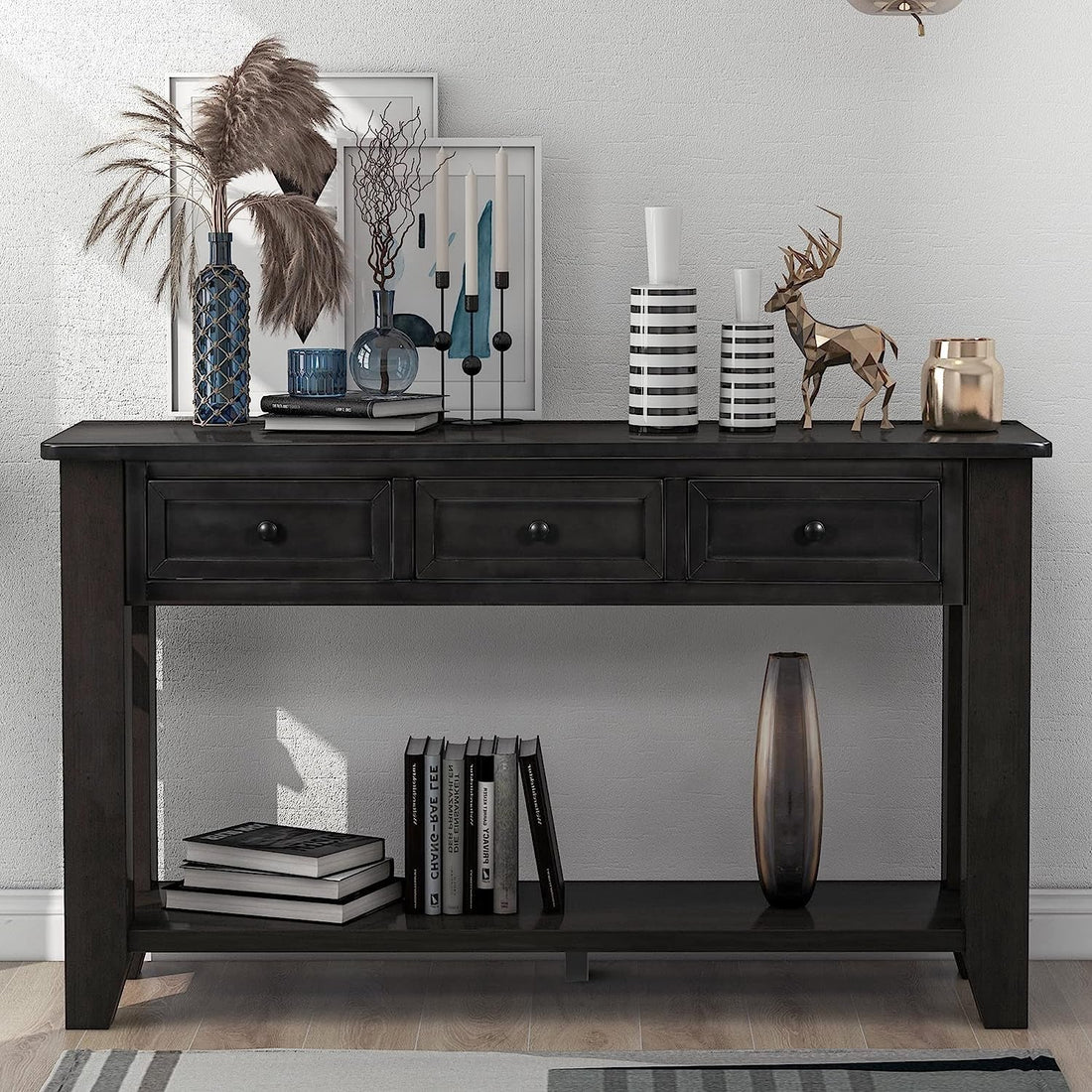 Black Console Table with Drawers and Shelf