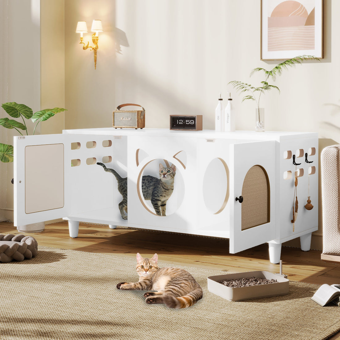 Furniture Style Cat Cabinet Cream White Cat Litter Box with Sisal