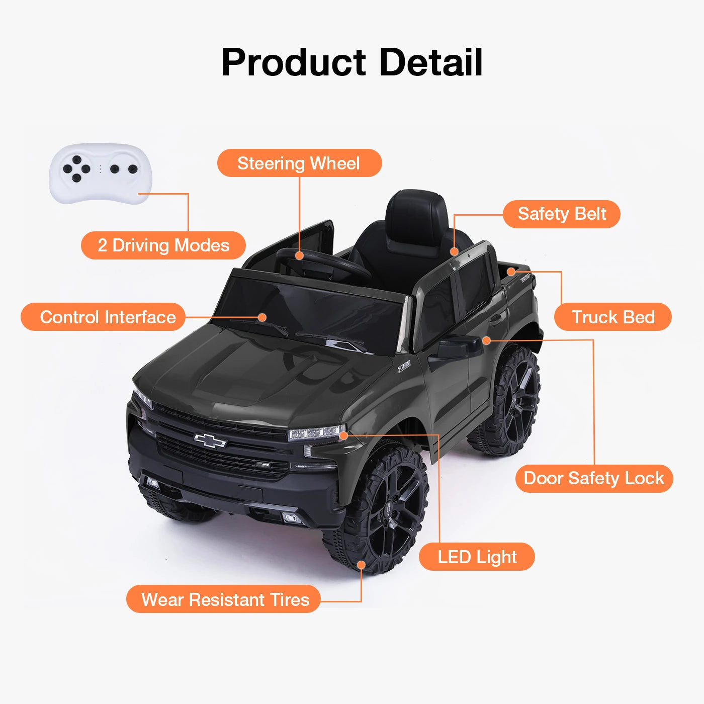 Funtok RS03 12V Powered Kids Electric Ride on Car Truck Safety Lock bluetooth Music LED Lights with Remote Control Car Toy Gifts