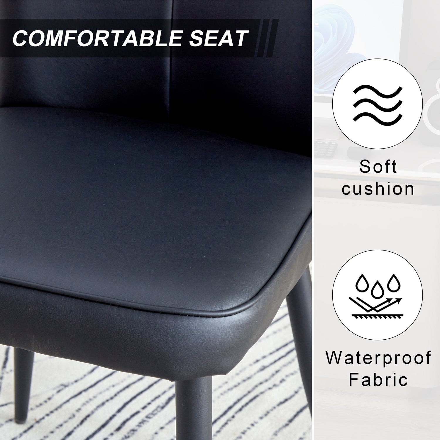 Modern Black PU Chair Set - Four Pieces, The backrest has a vertical