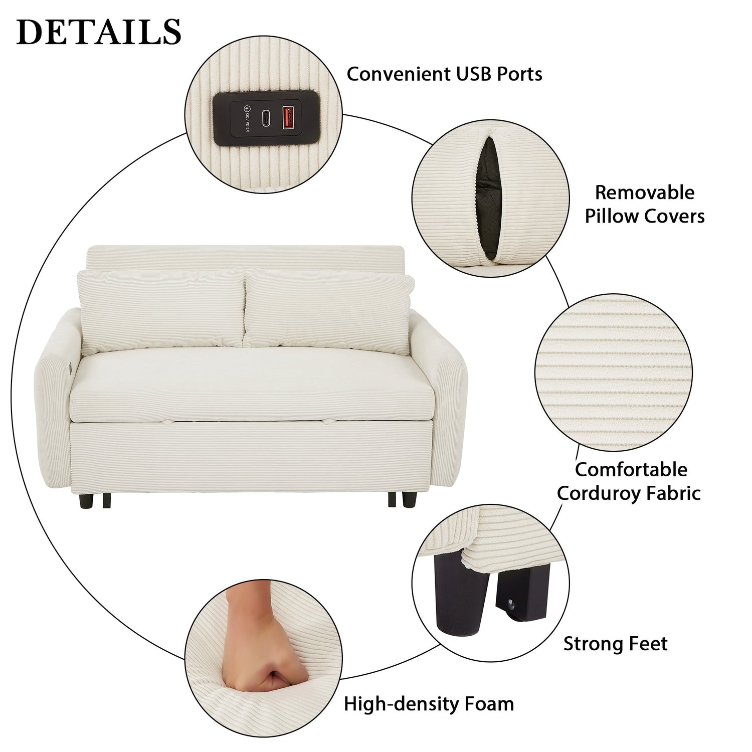 57.48" Pull-out Sofa Bed Convertible Couch 2 Seat Loveseat Sofa Modern