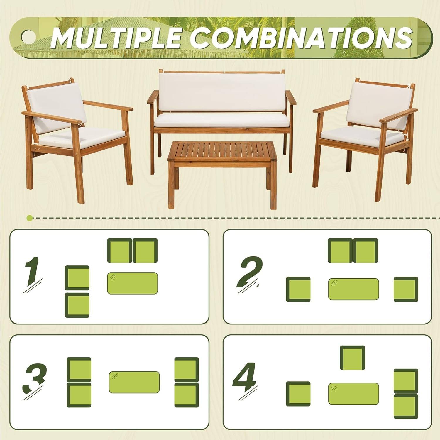 Acacia Wood 4 Piece Patio Conversation Set