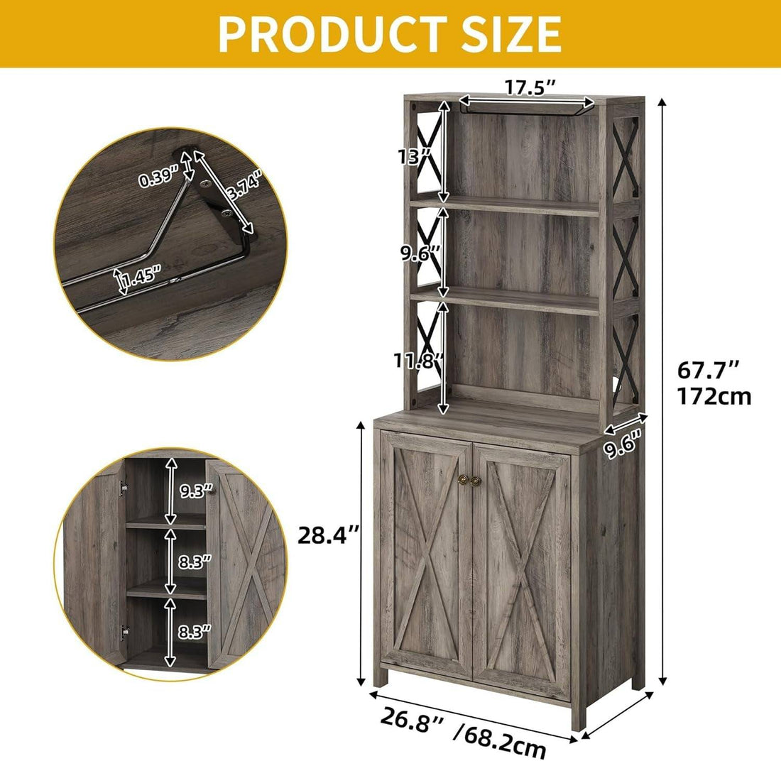 67&quot; Farmhouse Wine Bar Cabinet Liquor Glasses Grey
