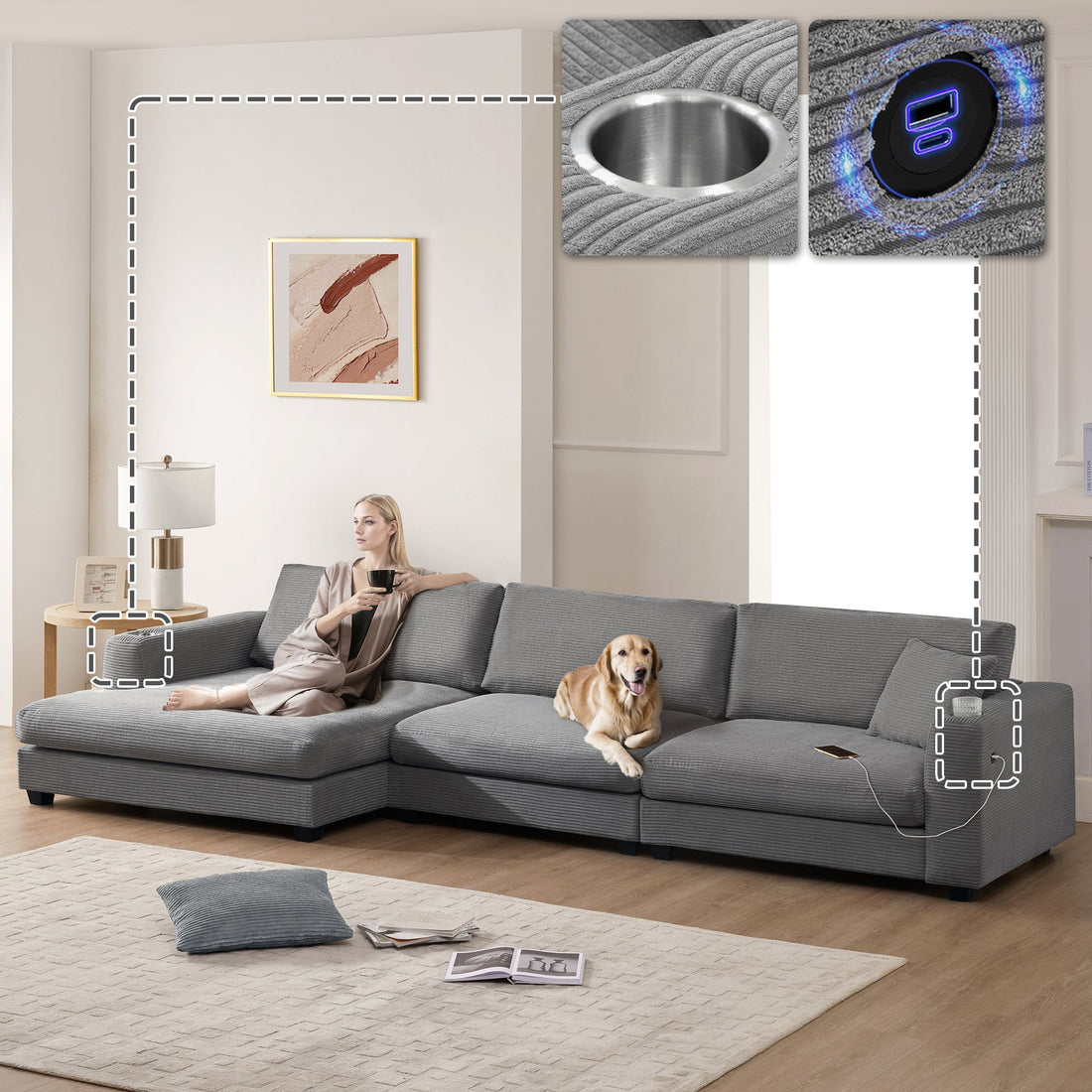 134*54" Oversized Corduroy Sectional Sofa,L Shaped Cloud Couch with
