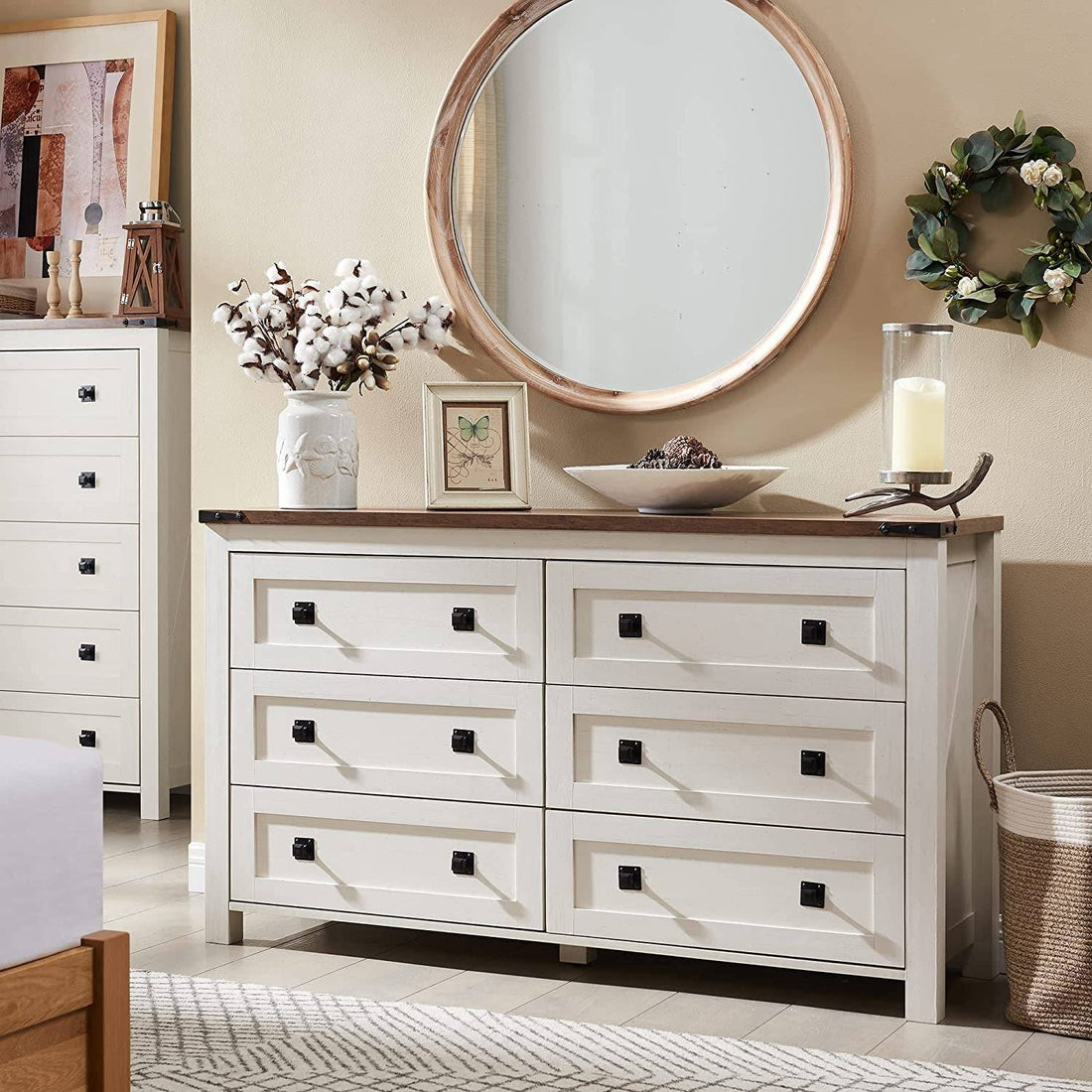 Rustic White Dresser with 6 Drawers for Bedroom Storage