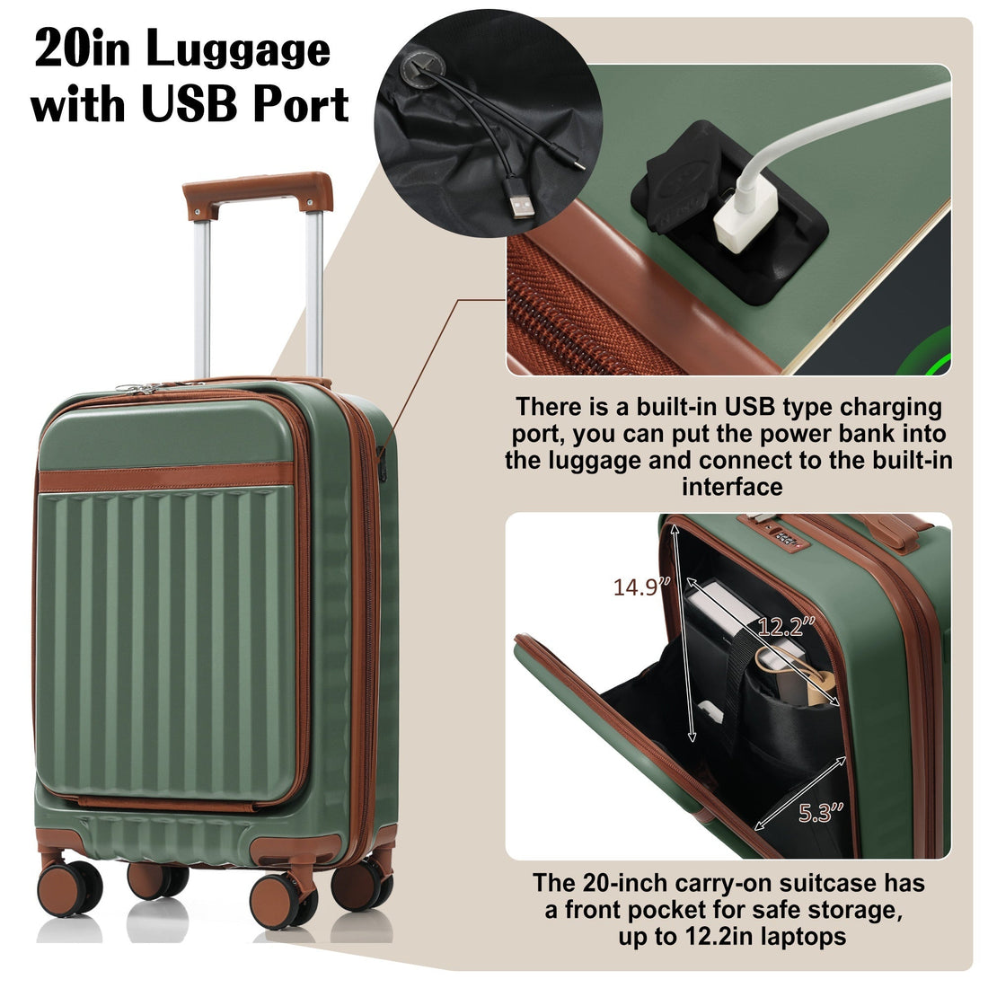 Luggage Set of 3, 20inch with USB Port, front opening design Airline