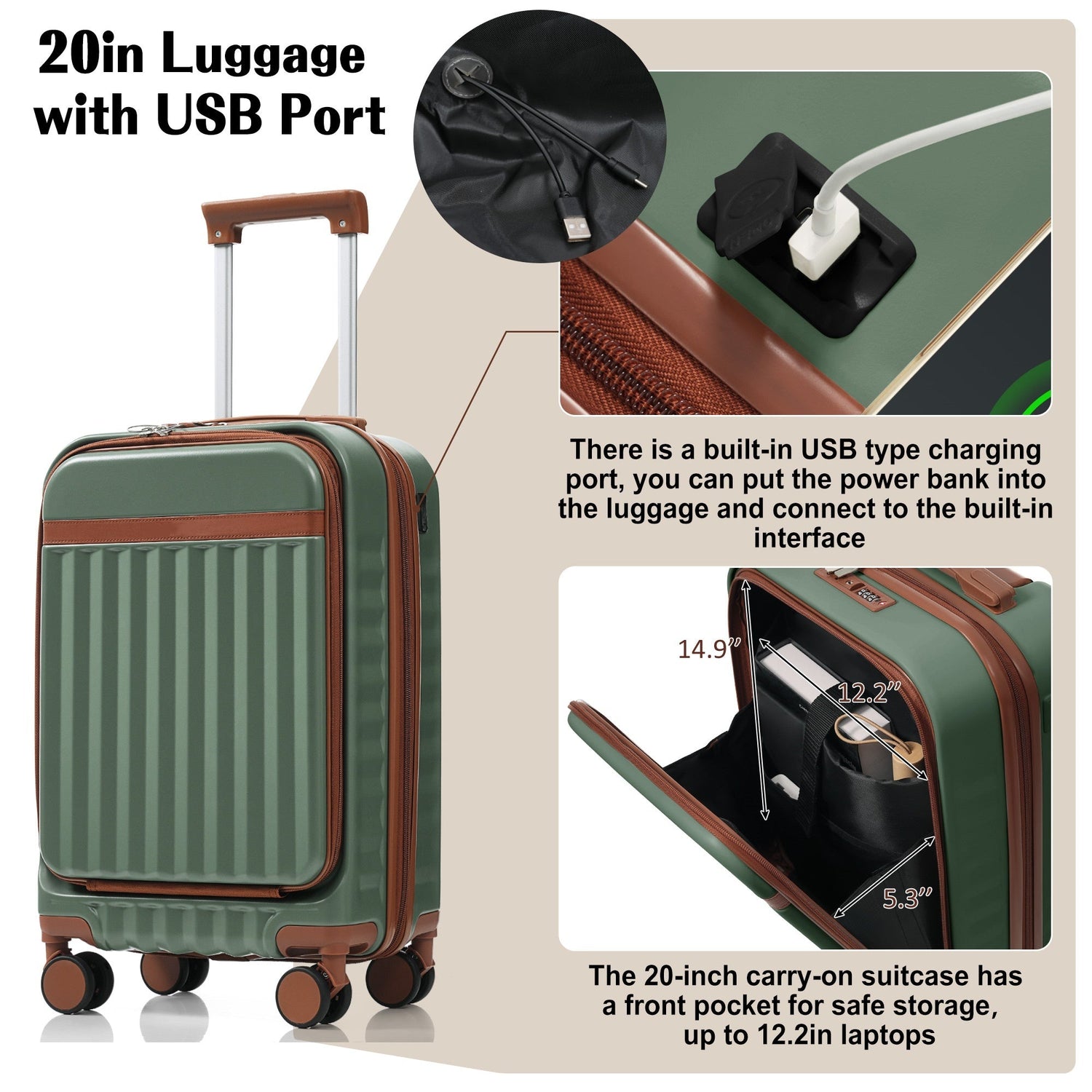 Luggage Set of 3, 20inch with USB Port, front opening design Airline