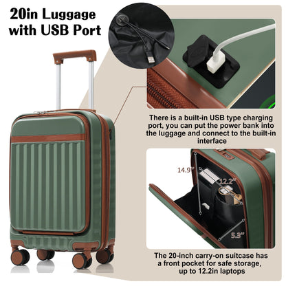 Luggage Set of 3, 20inch with USB Port, front opening design Airline