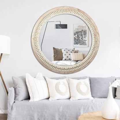 30-Inch Wooden Round Mirrors for Wall Decor, Farmhouse Rustic Large