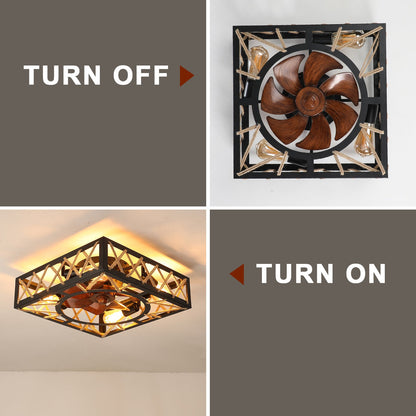 Farmhouse Rustic Ceiling Fan and Remote Control,Square Caged