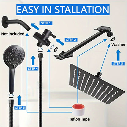 [8 Inch High Pressure Shower] 1set Shower Head Combo, 8 Inch High Pressure Rain Shower Head, With 11 Inch Adjustable Extension Arm And 5 Settings Handheld Shower Head Combo, Rain Shower Head With Handheld Sprayer, Bathroom Ac