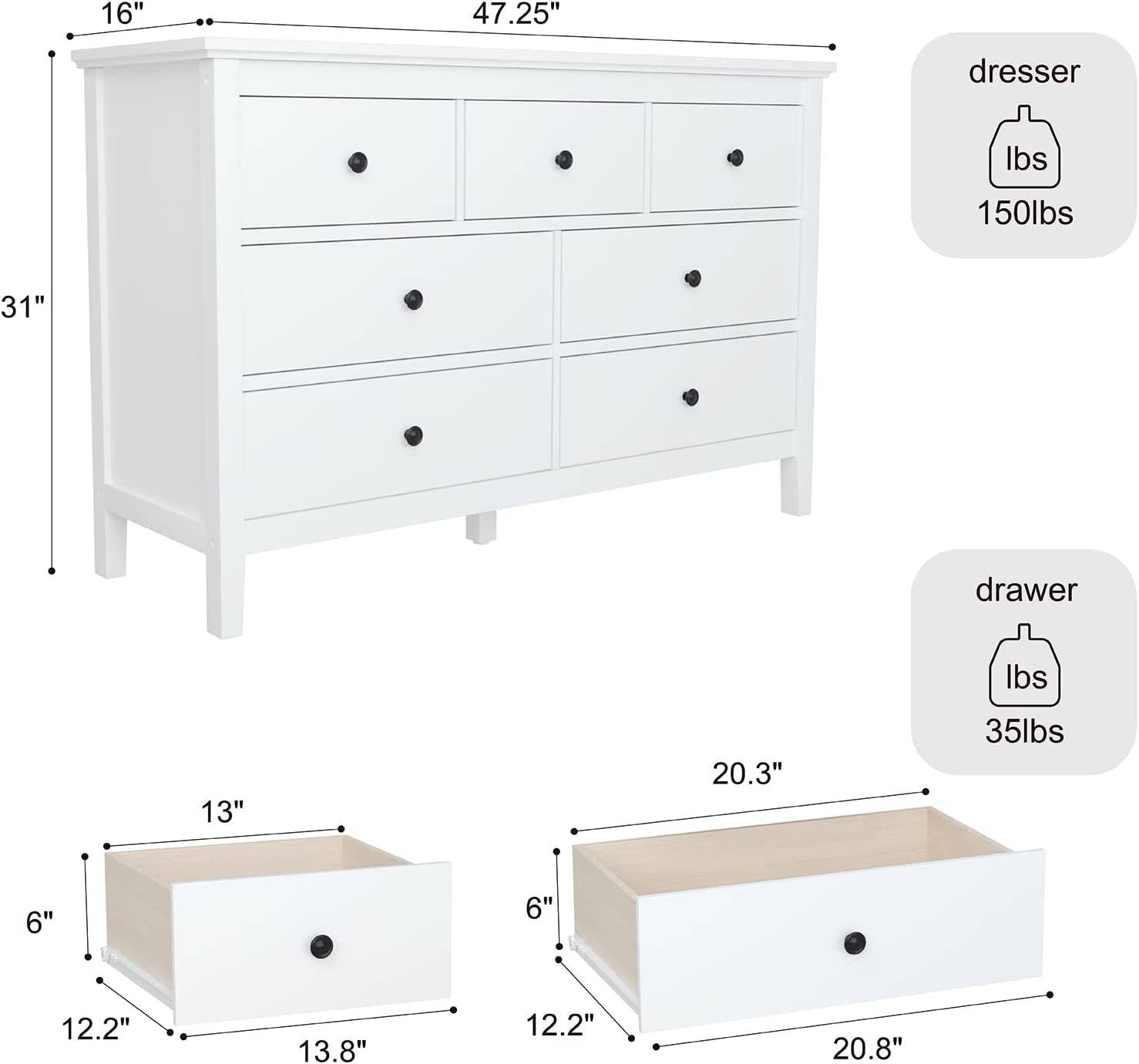 White 7-Drawer Modern Dresser with Solid Wood Legs