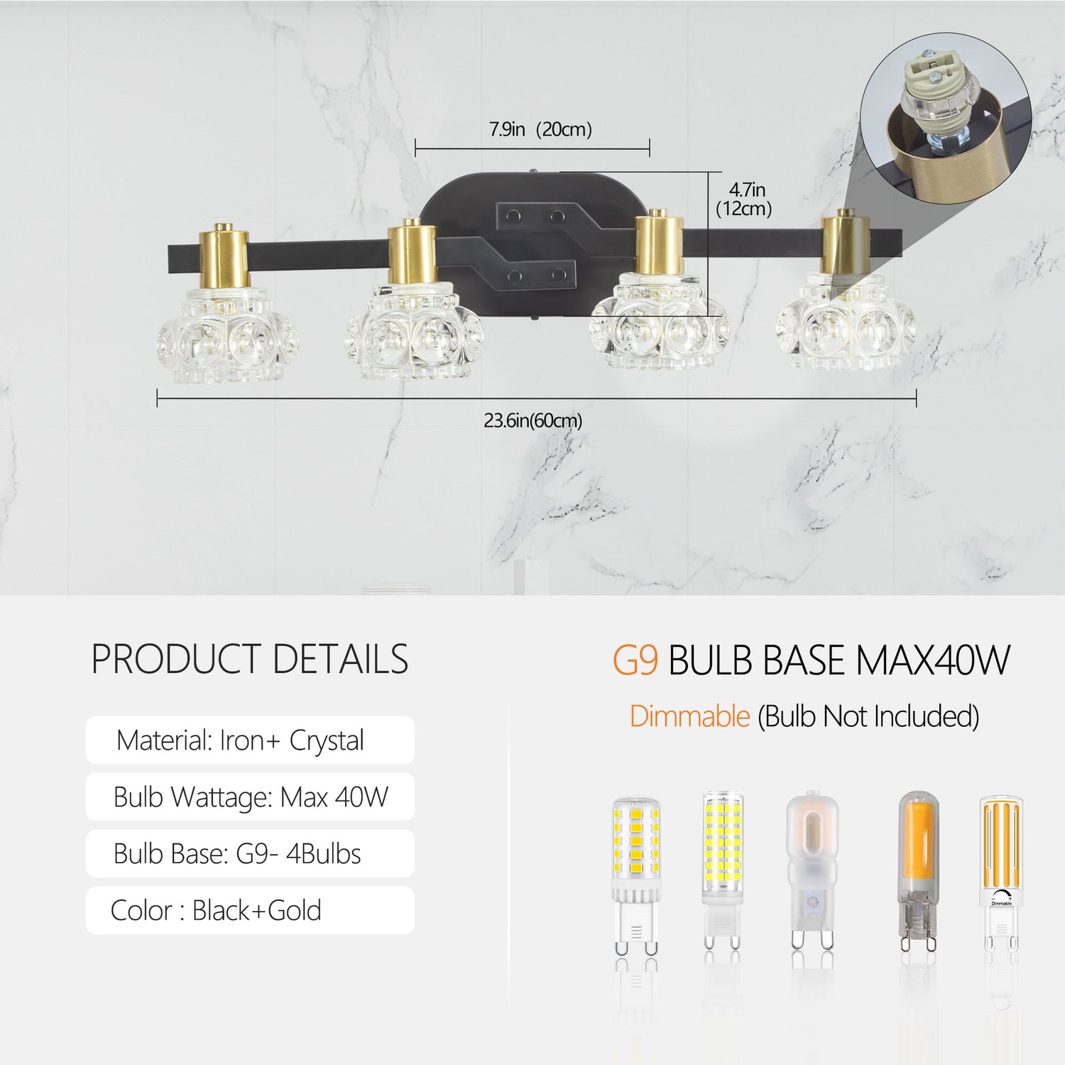 Vintage 4-Light Wall Sconce with Clear Crystal Shades, Black Iron