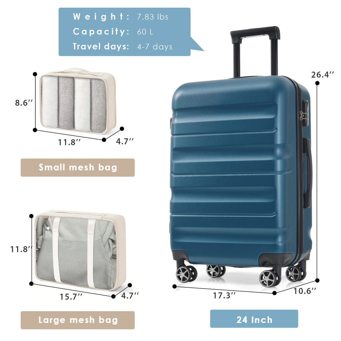Hardshell ABS Luggage Set, 24-Inch Checked Suitcase with Spinner