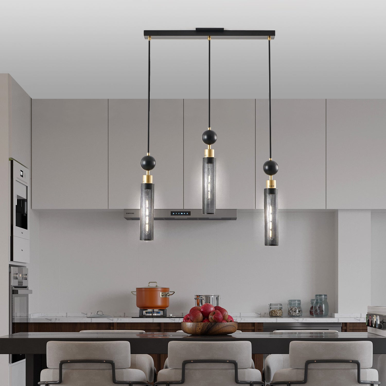 Modern Black and Gold 3-Light Pendant Chandelier, Adjustable Hanging