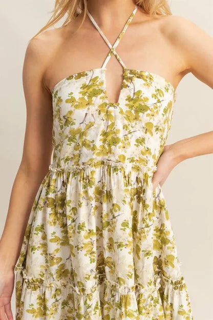 HYFVE Floral Print Halter Neck Tiered Mini Dress