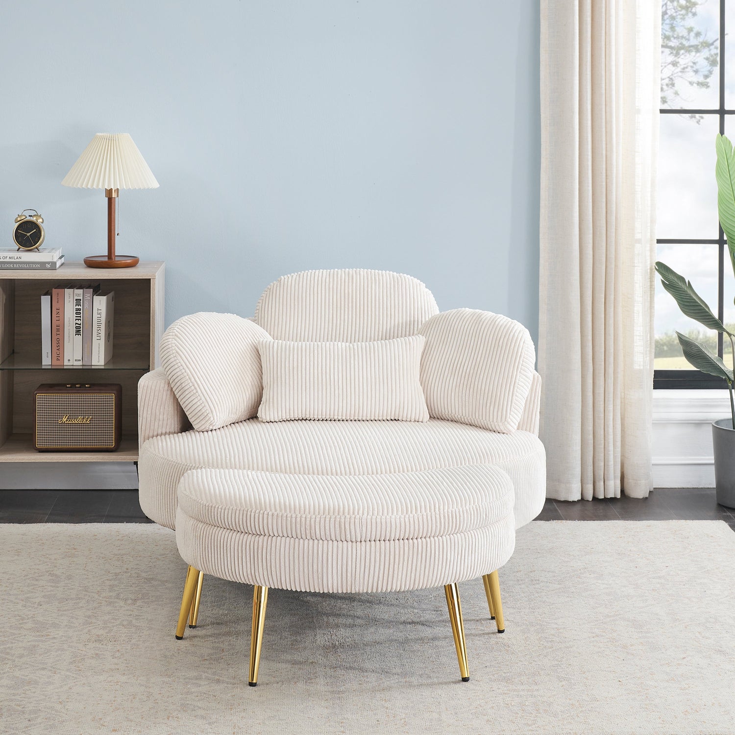 61 inches beige comfortable seat, small sofa with small end table,