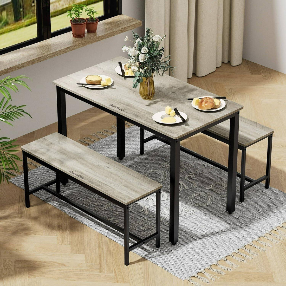 Dining Table Set for 4, Kitchen Room Table Set with 2 Benches, 3-Piece